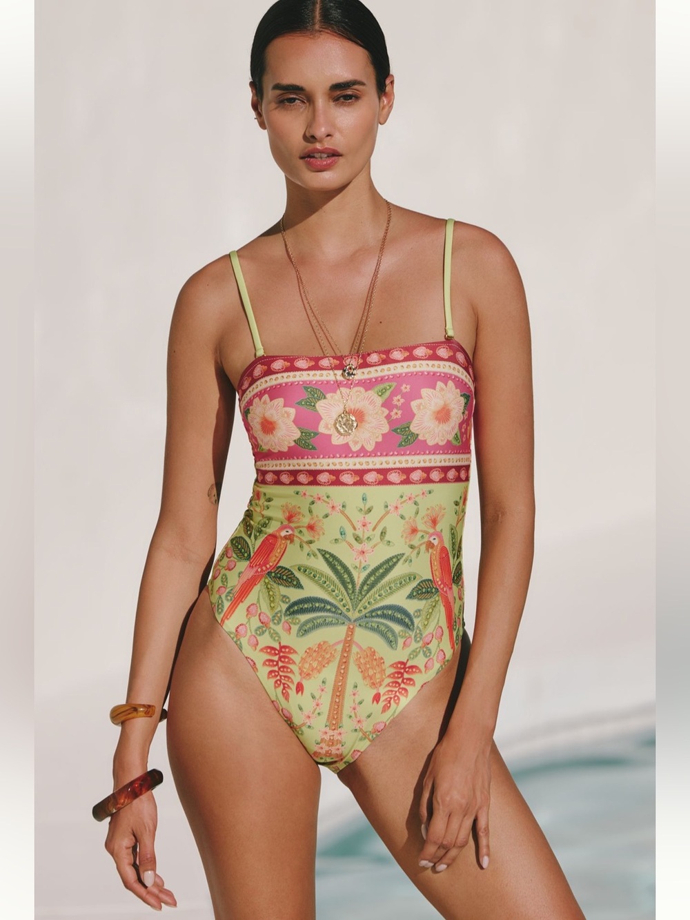 Anthropologie x Farm Rio Strapless Tropical Print One-Piece Swimsuit - Size M